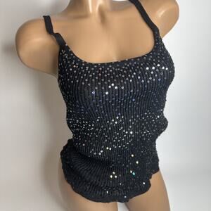 Y2K Dimension Black Sequin Cami Top Slinky Ribbed Knit Festival Clubwear S